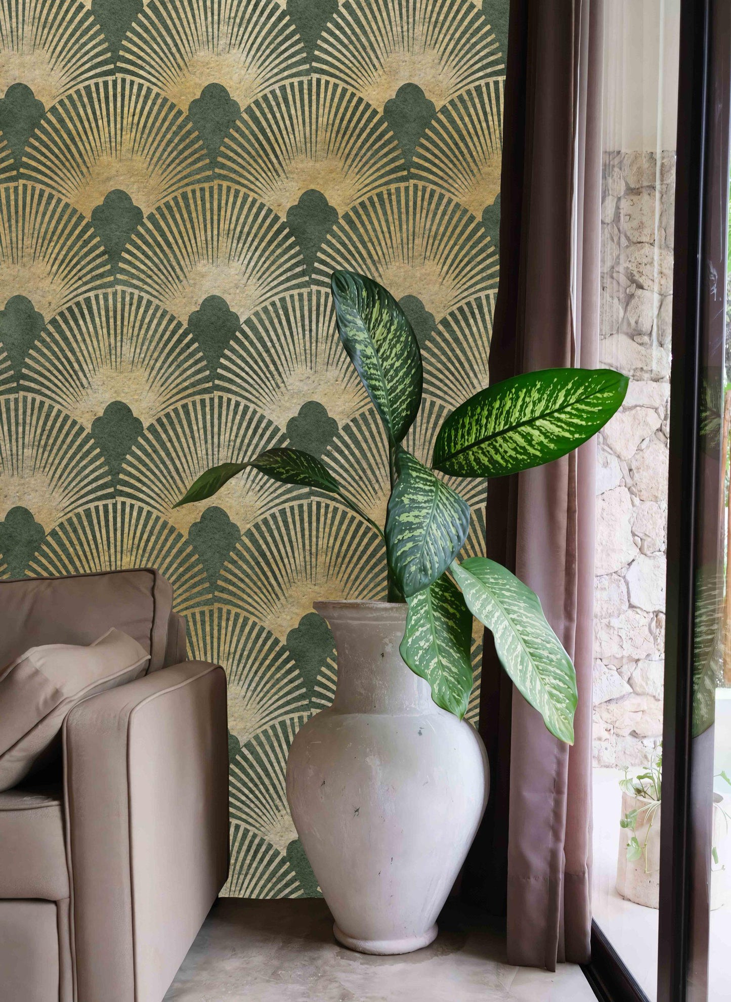 Green and Gold Geometric Pattern Wallpaper, Abstract Wallpaper with Vintage Pattern, Boho Style Wallpaper, Design Modern Pattern Wallpaper