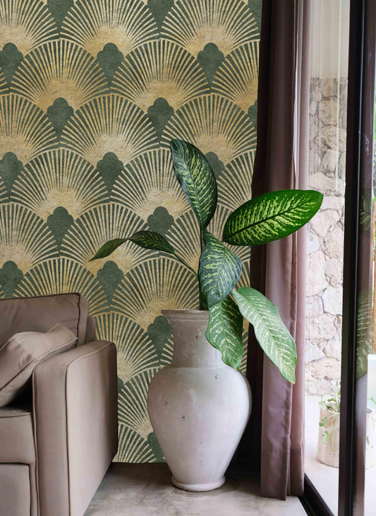 Green and Gold Geometric Pattern Wallpaper, Abstract Wallpaper with Vintage Pattern, Boho Style Wallpaper, Design Modern Pattern Wallpaper