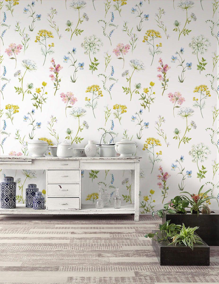 Colorful Minimal Garden Plants Elegant Wallpaper, illustration Wallpaper Nursery, Peel Stick Watercolor Wallpaper, Mini Flowers Wallpaper