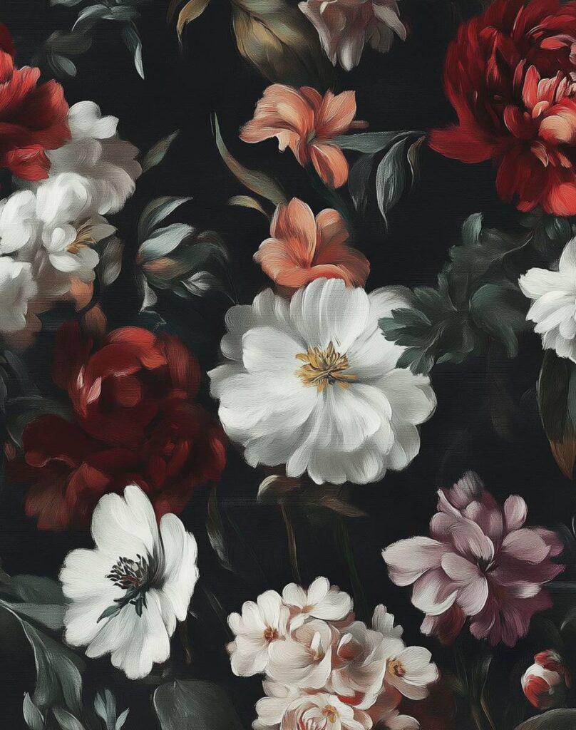 Elegant Evening Garden Wallpaper, Spring Flowers Wallpaper, Darkness Floral Painting Wallpaper, Romantic Mural, Blooming Drawing Wallpaper