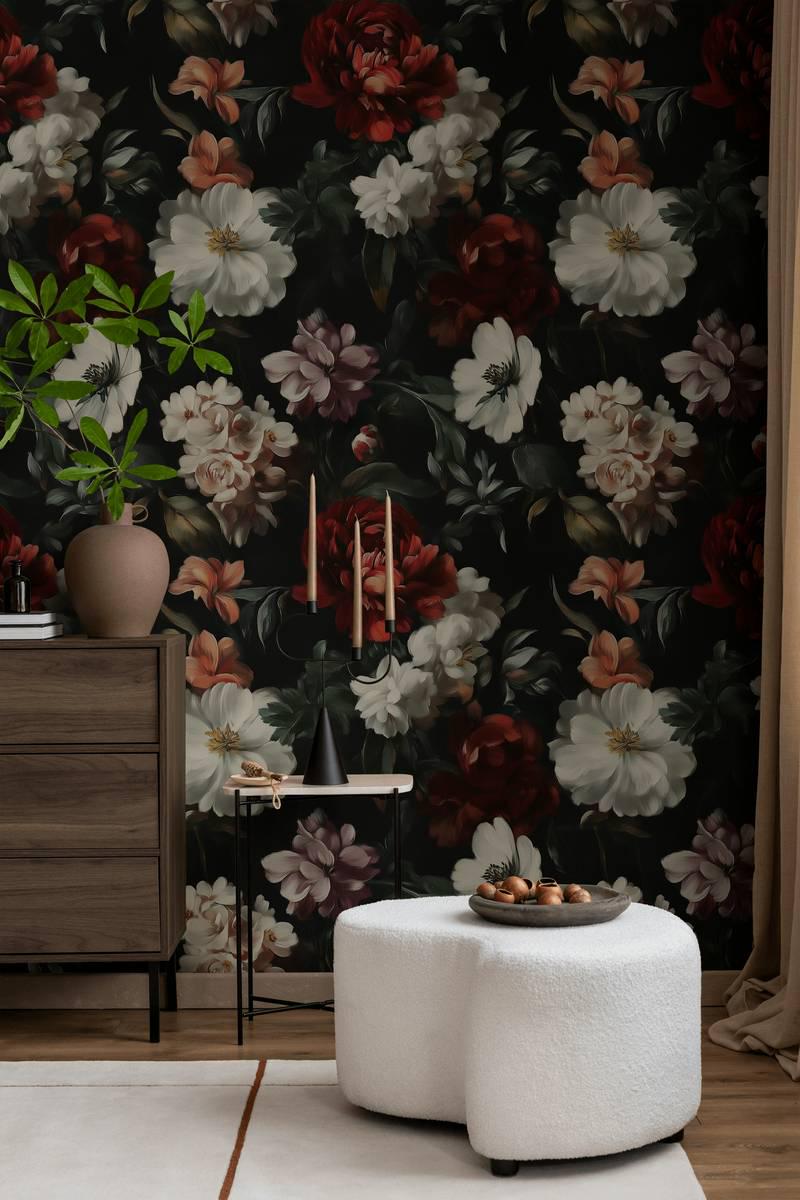 Elegant Evening Garden Wallpaper, Spring Flowers Wallpaper, Darkness Floral Painting Wallpaper, Romantic Mural, Blooming Drawing Wallpaper
