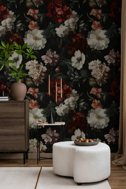 Elegant Evening Garden Wallpaper, Spring Flowers Wallpaper, Darkness Floral Painting Wallpaper, Romantic Mural, Blooming Drawing Wallpaper