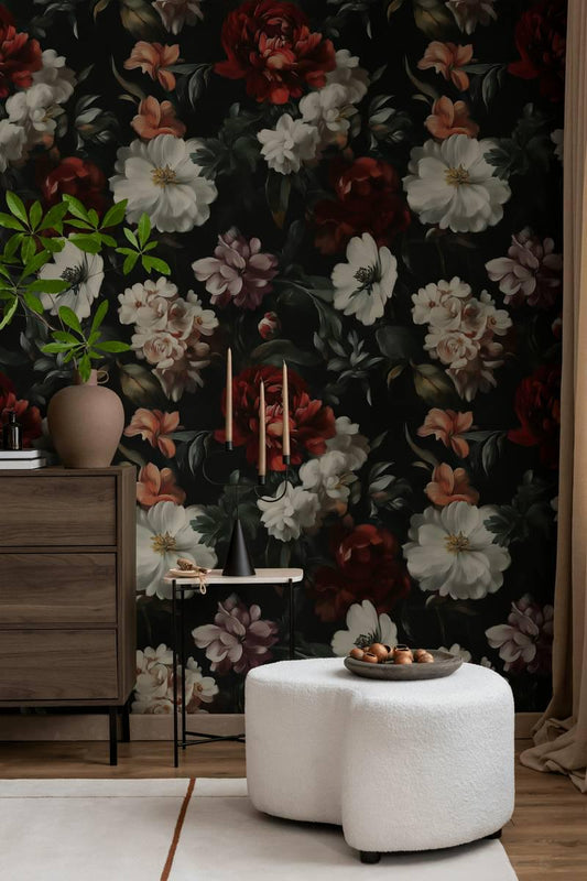 Elegant Evening Garden Wallpaper, Spring Flowers Wallpaper, Darkness Floral Painting Wallpaper, Romantic Mural, Blooming Drawing Wallpaper