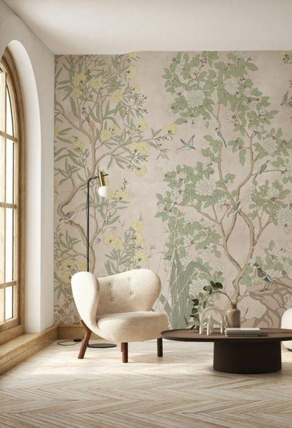 Vintage Chinoiserie Botanical Wallpaper – Peel and Stick Floral Bird Wall Mural in Neutral Beige
