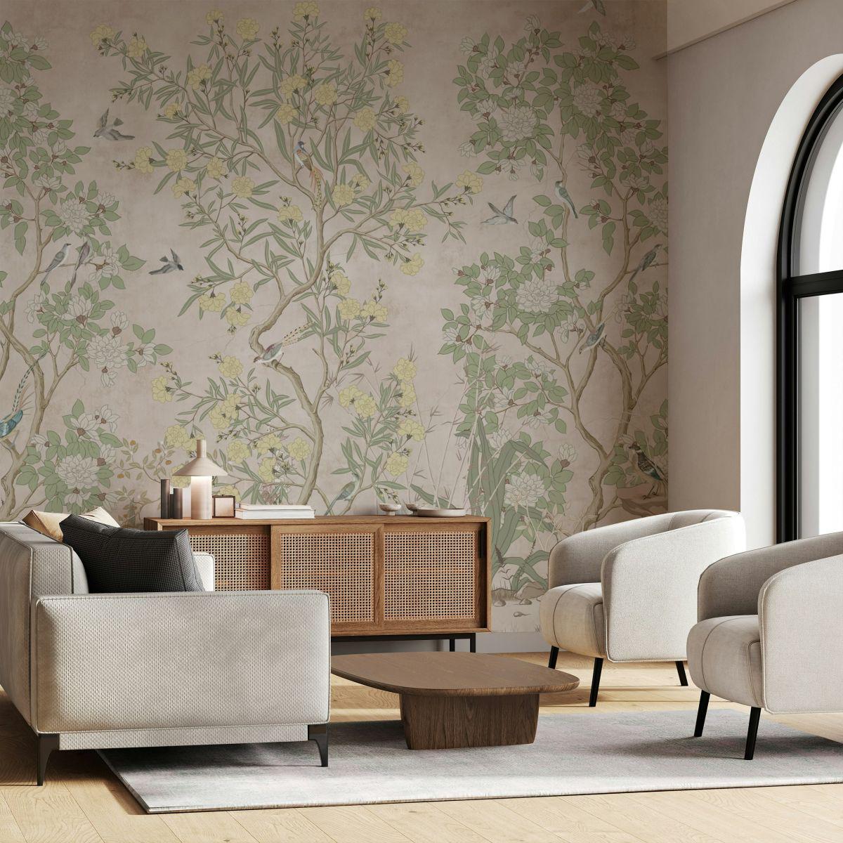 Elegant Botanical Garden Chinoiserie Wallpaper, Floral Wallpaper, Romantic Flowers Mural, Peel and Stick Wallpaper, Bloom Drawing Wallpaper