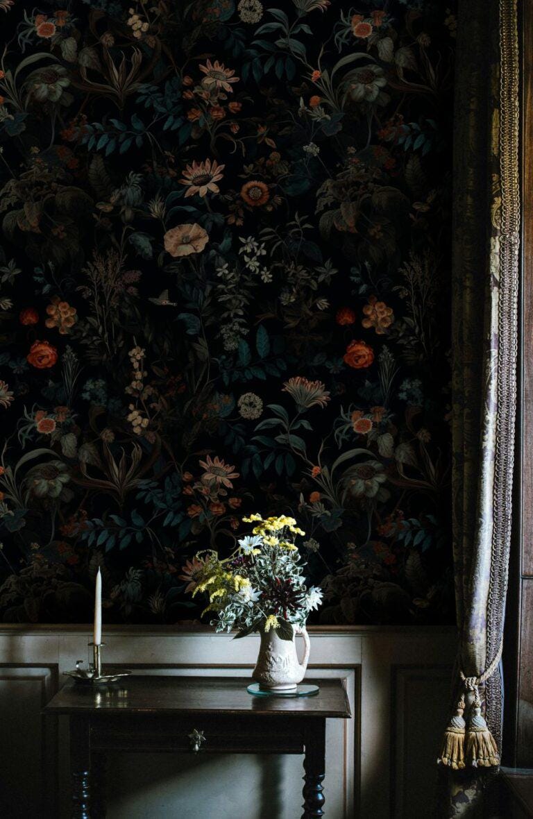 Elegant Botanical Floral Wallpaper, Dark Background, Sunflowers, Poppies, Daisies, Leaves, Hand Painted Wallpaper, Darkness Floral Wallpaper