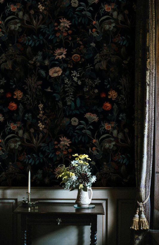 Elegant Botanical Floral Wallpaper, Dark Background, Sunflowers, Poppies, Daisies, Leaves, Hand Painted Wallpaper, Darkness Floral Wallpaper