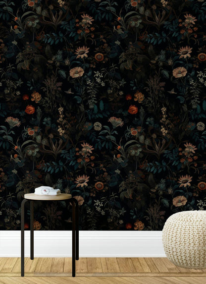 Elegant Botanical Floral Wallpaper, Dark Background, Sunflowers, Poppies, Daisies, Leaves, Hand Painted Wallpaper, Darkness Floral Wallpaper
