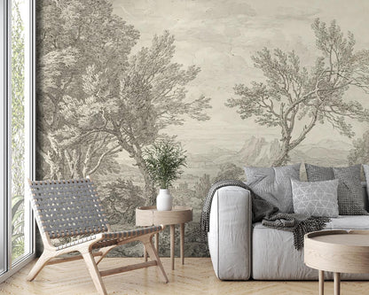 Black and White Forest and City Wallpaper, Mystic Wallpaper, Trees Mural, Peel and Stick Wallpaper, Design Wallpaper, Modern Mural
