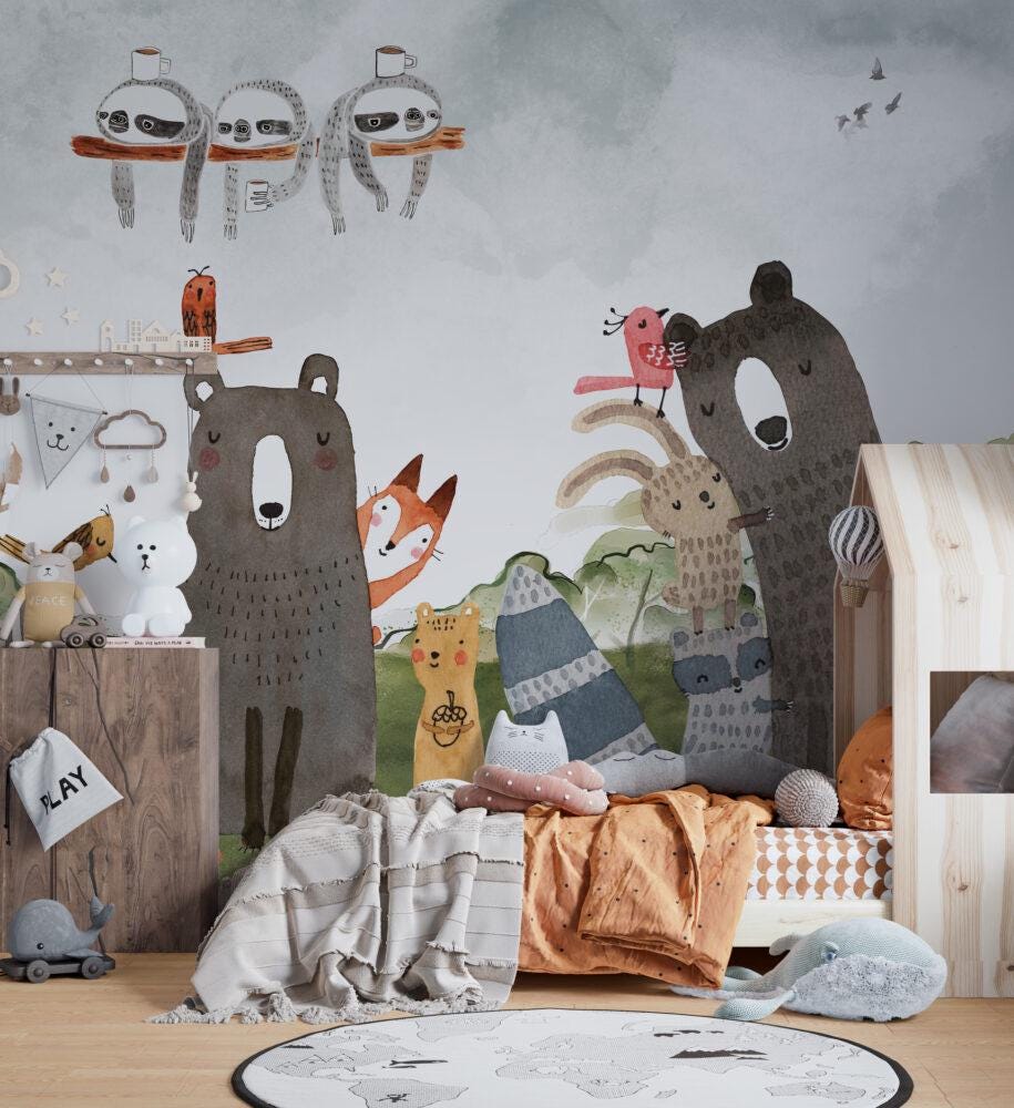 Cute Animals Wallpaper with Watercolor Look, Bear Wallpaper Nursery , Nature Childrens Wallpaper , Peel and Stick Wallpaper, Baby Wallpaper