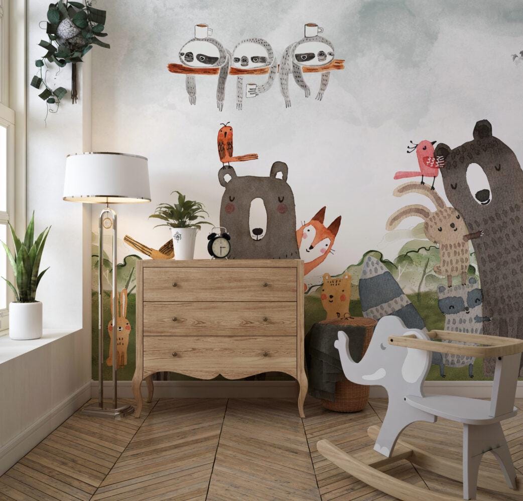 Cute Animals Wallpaper with Watercolor Look, Bear Wallpaper Nursery , Nature Childrens Wallpaper , Peel and Stick Wallpaper, Baby Wallpaper