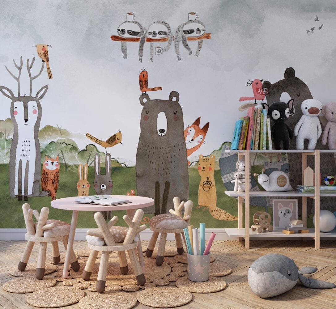 Cute Animals Wallpaper with Watercolor Look, Bear Wallpaper Nursery , Nature Childrens Wallpaper , Peel and Stick Wallpaper, Baby Wallpaper