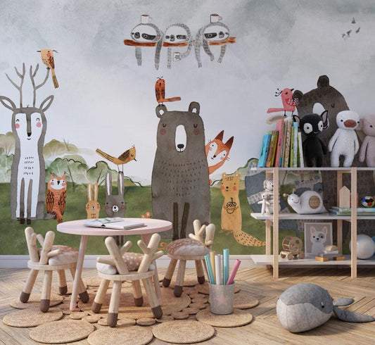 Cute Animals Wallpaper with Watercolor Look, Bear Wallpaper Nursery , Nature Childrens Wallpaper , Peel and Stick Wallpaper, Baby Wallpaper