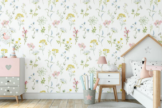 Colorful Minimal Garden Plants Elegant Wallpaper, illustration Wallpaper Nursery, Peel Stick Watercolor Wallpaper, Mini Flowers Wallpaper