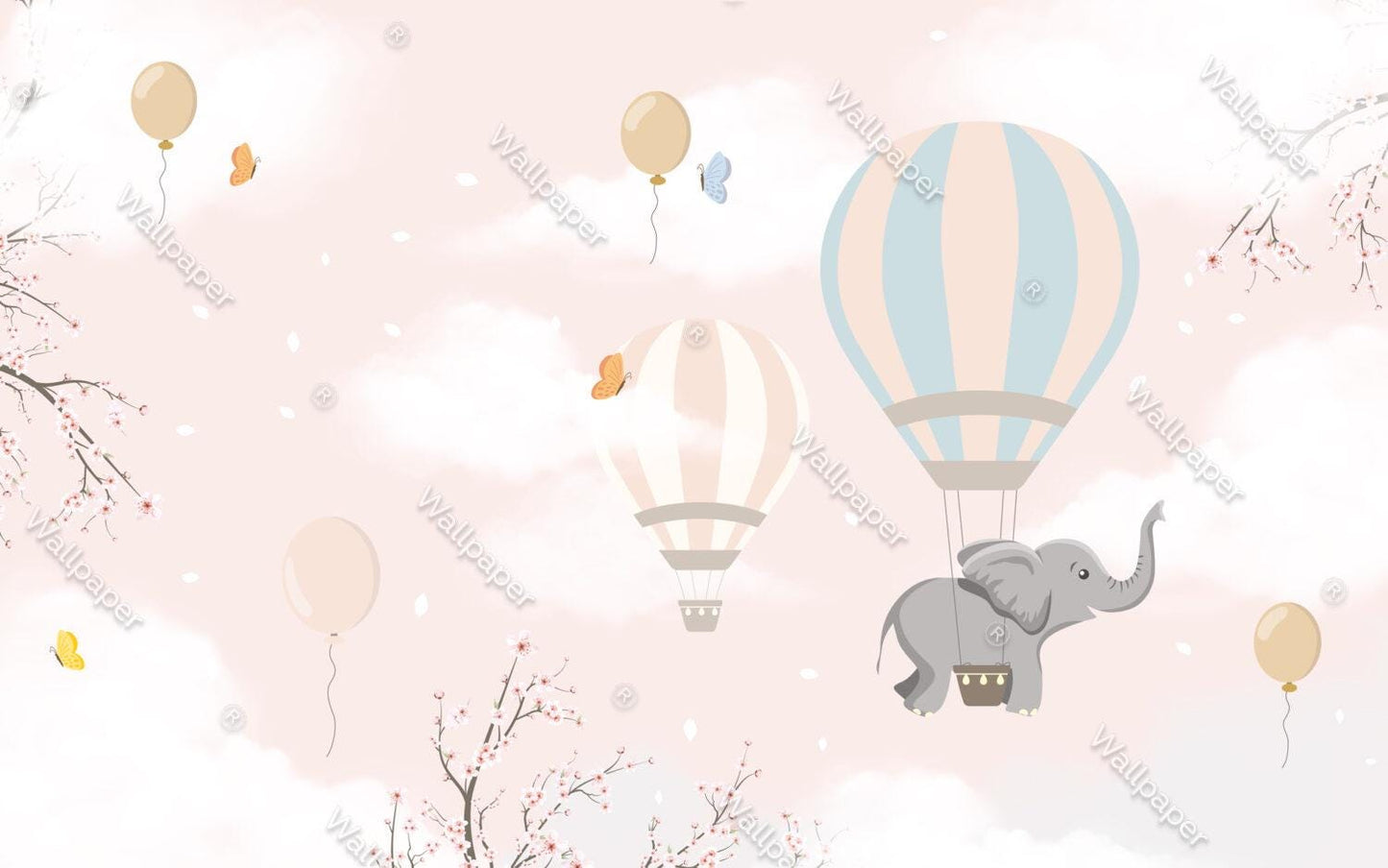 Elephant Flying with Balloons Pink Clouds Wallpaper, Sky Wallpaper For Kidsroom, Cute Animals Wallpaper Nursery, Pink Clouds Baby Wallpaper