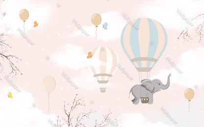 Elephant Flying with Balloons Pink Clouds Wallpaper, Sky Wallpaper For Kidsroom, Cute Animals Wallpaper Nursery, Pink Clouds Baby Wallpaper