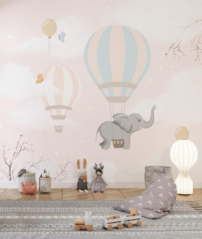 Elephant Flying with Balloons Pink Clouds Wallpaper, Sky Wallpaper For Kidsroom, Cute Animals Wallpaper Nursery, Pink Clouds Baby Wallpaper
