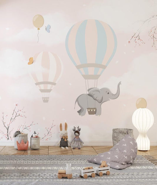 Elephant Flying with Balloons Pink Clouds Wallpaper, Sky Wallpaper For Kidsroom, Cute Animals Wallpaper Nursery, Pink Clouds Baby Wallpaper