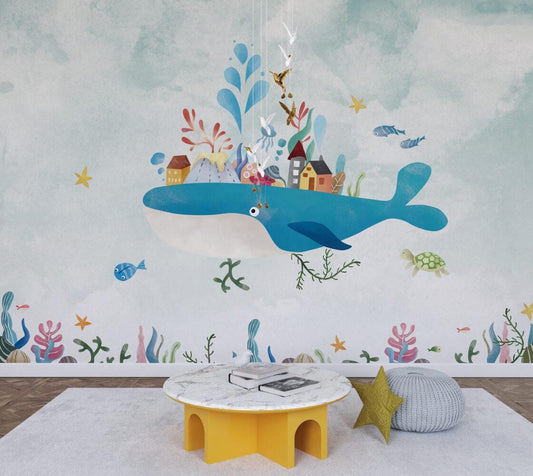 Houses on a Whale Wallpaper for Kidsroom, Underwater Kid Wallpaper, Sea Wallpaper Nursery, Blue Peel and Stick Childrens Wallpaper