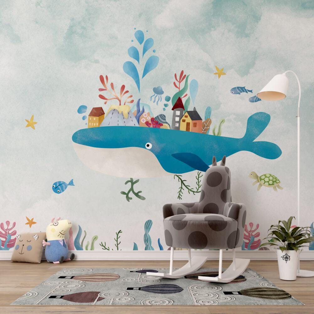 Houses on a Whale Wallpaper for Kidsroom, Underwater Kid Wallpaper, Sea Wallpaper Nursery, Blue Peel and Stick Childrens Wallpaper