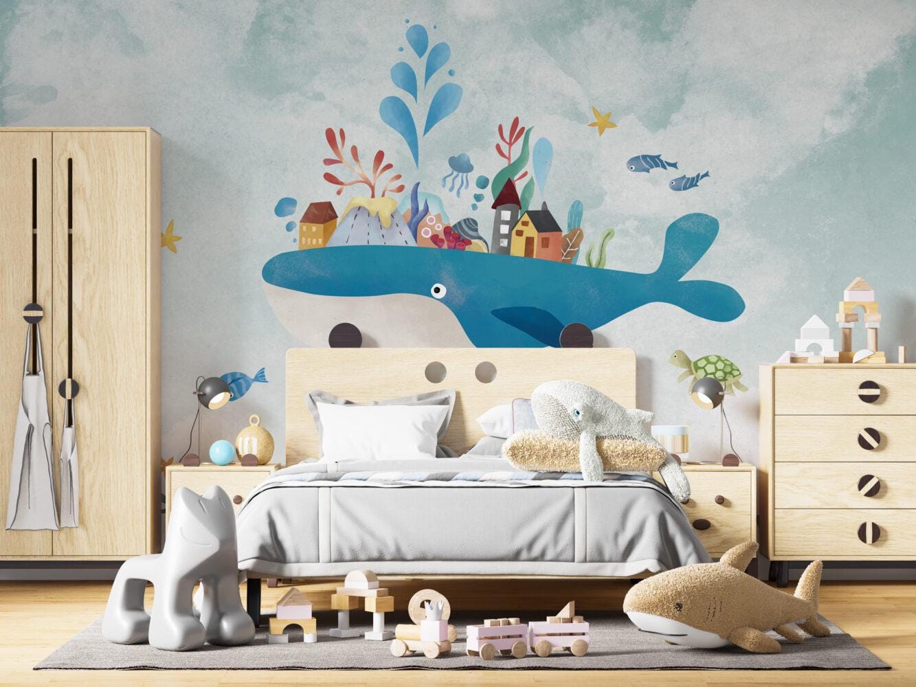 Houses on a Whale Wallpaper for Kidsroom, Underwater Kid Wallpaper, Sea Wallpaper Nursery, Blue Peel and Stick Childrens Wallpaper