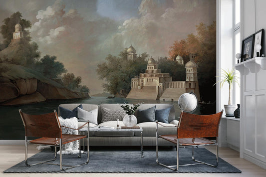 Historical Buildings by the Lake Wallpaper, Bohemian Wallpaper, Vintage Nature Wallpaper, Ancient Building Pattern Nostalgic Wallpaper