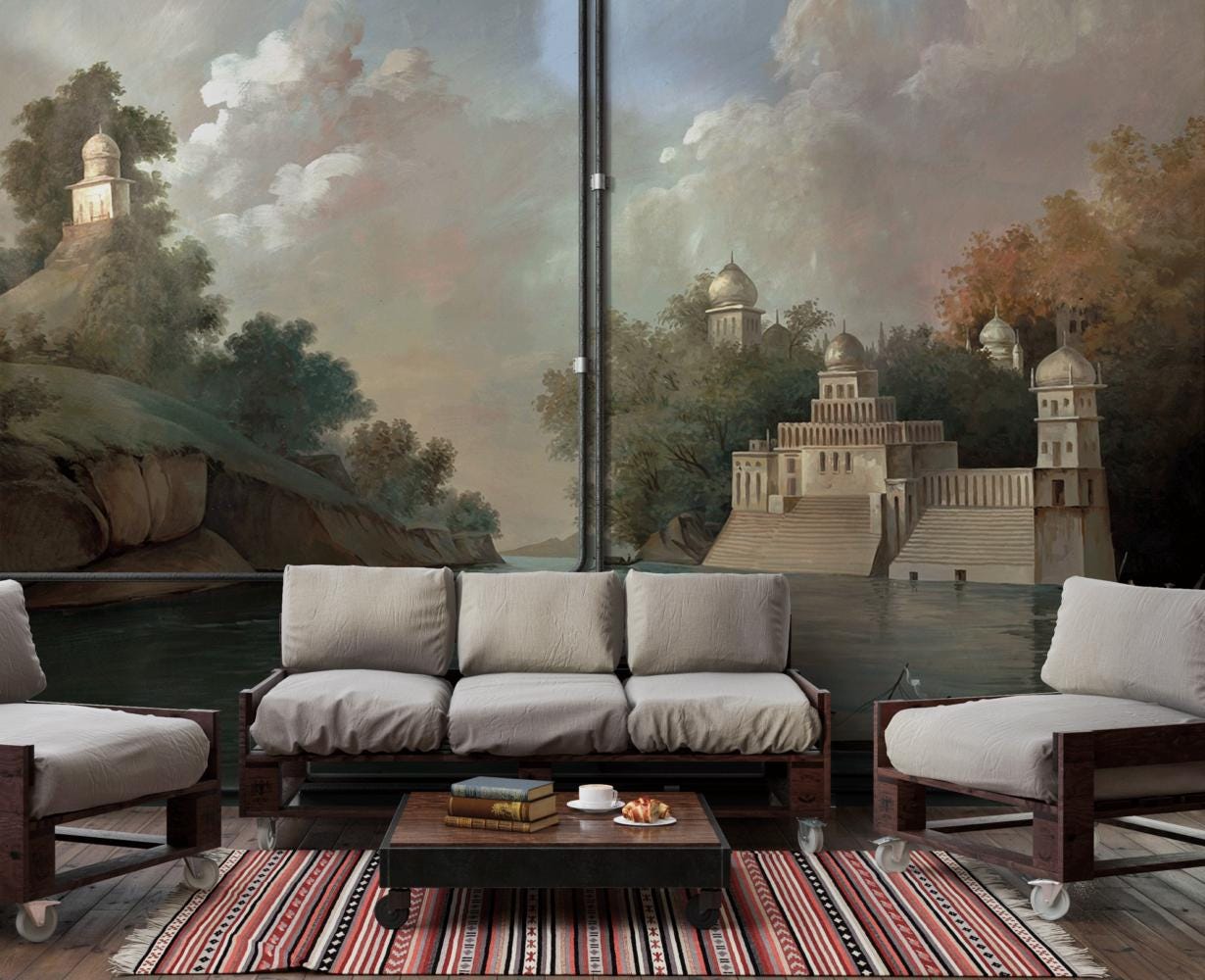Historical Buildings by the Lake Wallpaper, Bohemian Wallpaper, Vintage Nature Wallpaper, Ancient Building Pattern Nostalgic Wallpaper