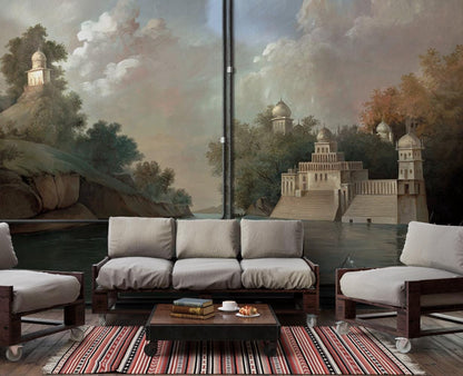 Historical Buildings by the Lake Wallpaper, Bohemian Wallpaper, Vintage Nature Wallpaper, Ancient Building Pattern Nostalgic Wallpaper