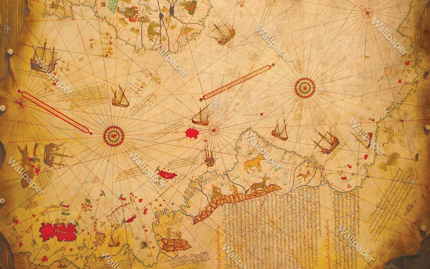 Ottoman Wallpaper, Piri Reis Map Wallpaper, Ancient Bohemian Wallpaper, Peel and Stick Historical Wallpaper, Nostalgic Drawwing Wallpaper