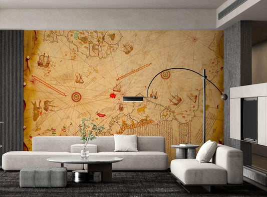 Ottoman Wallpaper, Piri Reis Map Wallpaper, Ancient Bohemian Wallpaper, Peel and Stick Historical Wallpaper, Nostalgic Drawwing Wallpaper