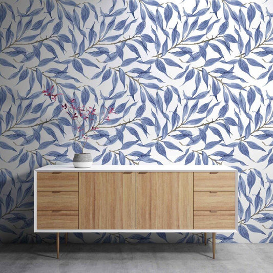 Blue Leaves Watercolor Wallpaper, Bohemian Wallpaper, Leaf Mural, Botany Peel and Stick Wallpaper, Stylish Room Design, Blue Ivy Wallpaper