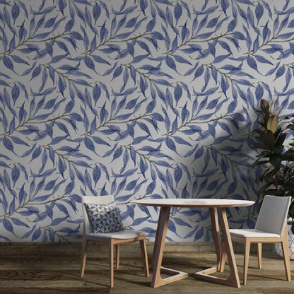 Blue Leaves Watercolor Wallpaper, Bohemian Wallpaper, Leaf Mural, Botany Peel and Stick Wallpaper, Stylish Room Design, Blue Ivy Wallpaper