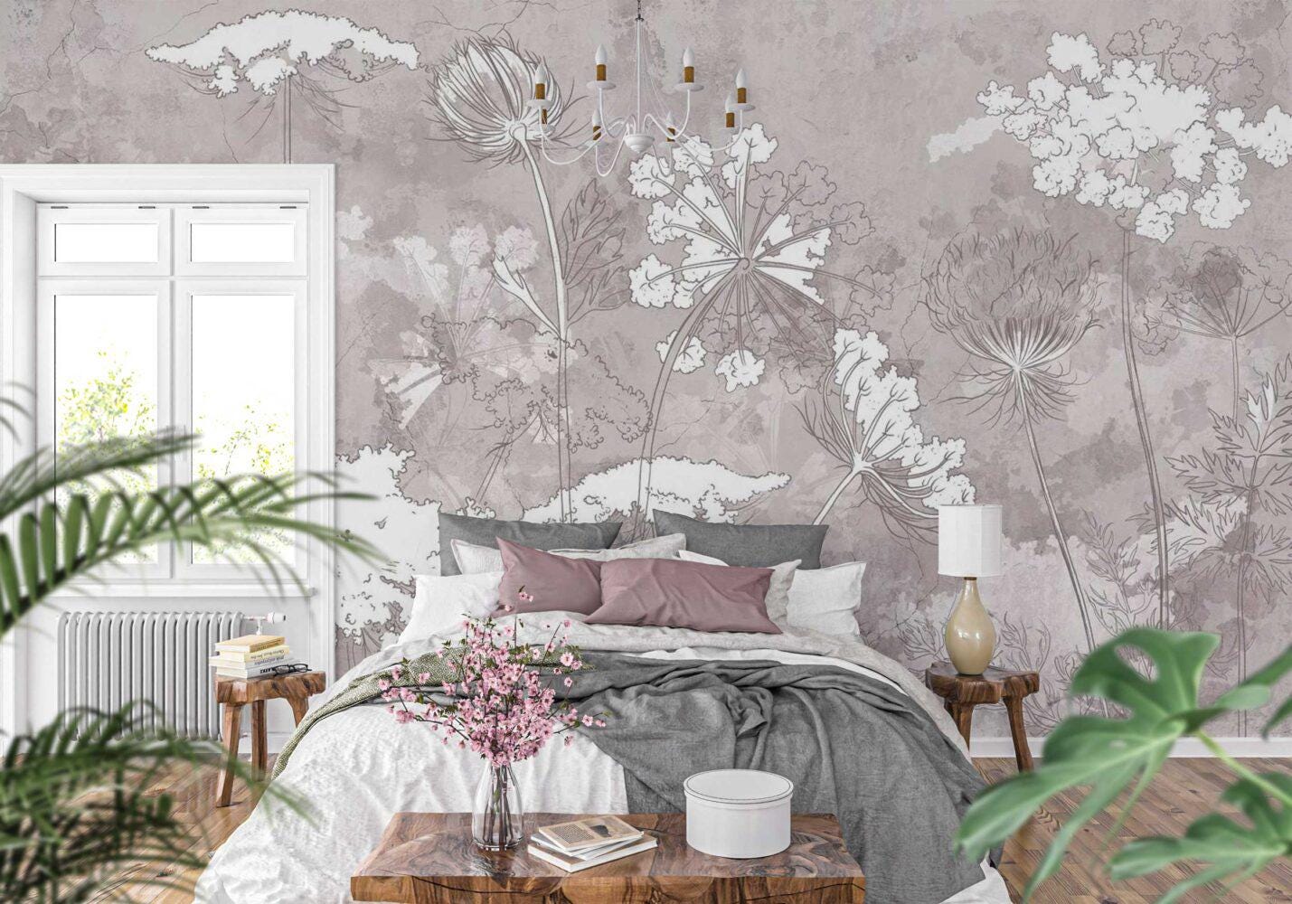 Wildflowers Wallpaper, Floral Wallpaper, Soft Color Romantic Wall Mural, Peel and Stick Wallpaper, Drawing Wallpaper, Flowers Wallpaper
