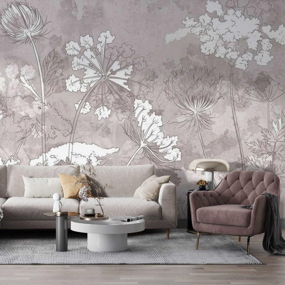 Wildflowers Wallpaper, Floral Wallpaper, Soft Color Romantic Wall Mural, Peel and Stick Wallpaper, Drawing Wallpaper, Flowers Wallpaper