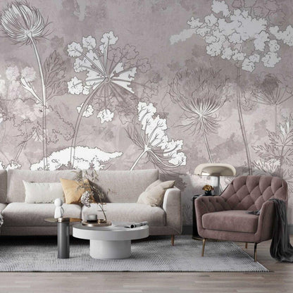Wildflowers Wallpaper, Floral Wallpaper, Soft Color Romantic Wall Mural, Peel and Stick Wallpaper, Drawing Wallpaper, Flowers Wallpaper
