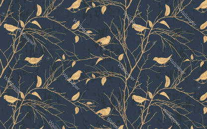 Yellow Birds Chinese Pattern Wallpaper, Nature Illustration Wallpaper, Botany Mural, Peel and Stick Wallpaper, Stylish Room Design