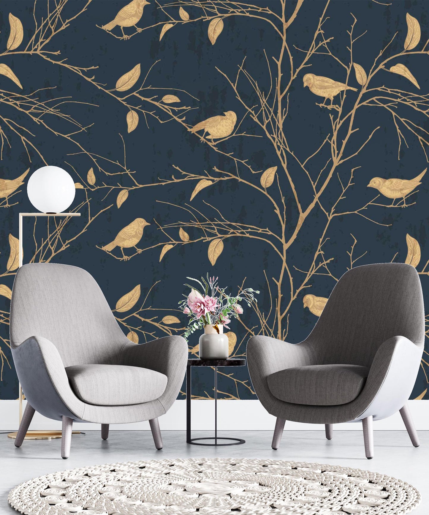 Yellow Birds Chinese Pattern Wallpaper, Nature Illustration Wallpaper, Botany Mural, Peel and Stick Wallpaper, Stylish Room Design