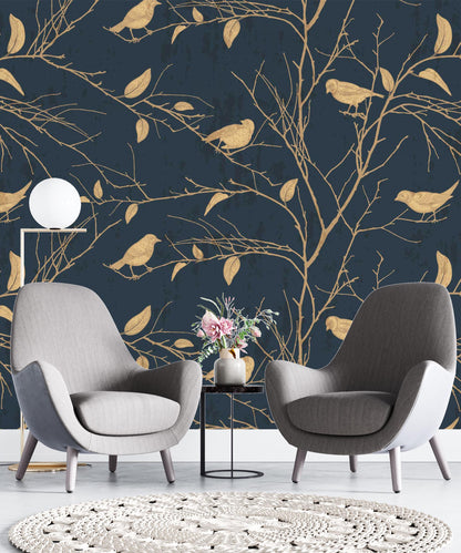 Yellow Birds Chinese Pattern Wallpaper, Nature Illustration Wallpaper, Botany Mural, Peel and Stick Wallpaper, Stylish Room Design