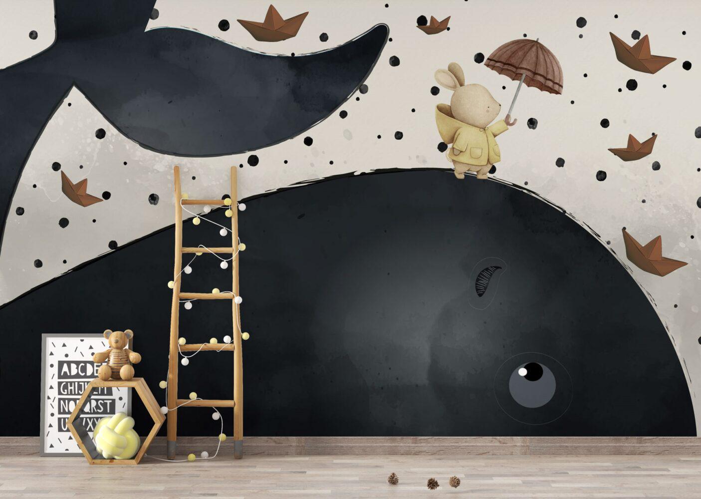 3D Kid's Wallpaper with Big Whale and Rabbit, Underwater Wallpaper For Kidsroom, Sea Wallpaper Nursery, Childrens Tale Wallpaper