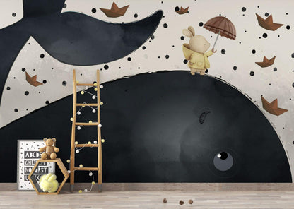 3D Kid's Wallpaper with Big Whale and Rabbit, Underwater Wallpaper For Kidsroom, Sea Wallpaper Nursery, Childrens Tale Wallpaper