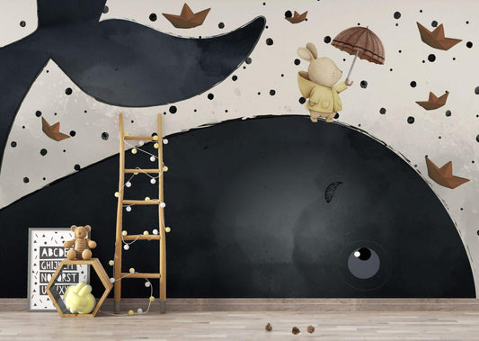 3D Kid's Wallpaper with Big Whale and Rabbit, Underwater Wallpaper For Kidsroom, Sea Wallpaper Nursery, Childrens Tale Wallpaper
