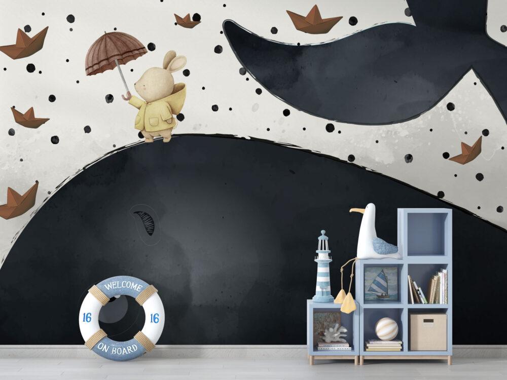 3D Kid's Wallpaper with Big Whale and Rabbit, Underwater Wallpaper For Kidsroom, Sea Wallpaper Nursery, Childrens Tale Wallpaper
