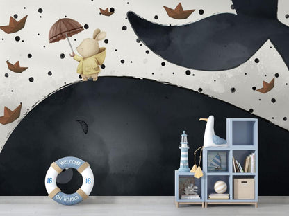 3D Kid's Wallpaper with Big Whale and Rabbit, Underwater Wallpaper For Kidsroom, Sea Wallpaper Nursery, Childrens Tale Wallpaper