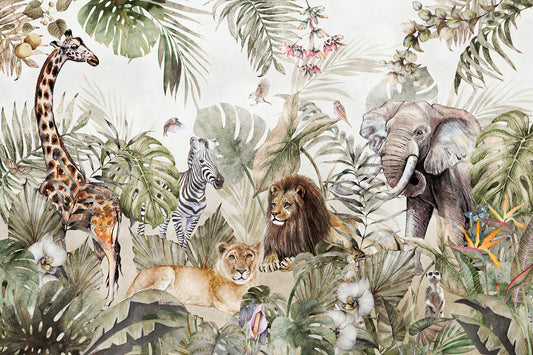 Animal friends in the tropical forest Wallpaper For Kidsroom, Childrens Wallpaper, Wall Mural Nursery, Wide Wallpaper, Jungle Wallpaper