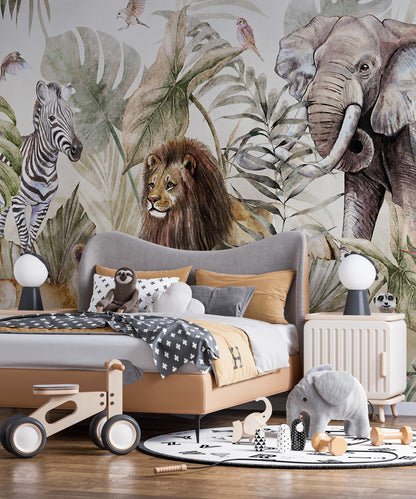 Animal friends in the tropical forest Wallpaper For Kidsroom, Childrens Wallpaper, Wall Mural Nursery, Wide Wallpaper, Jungle Wallpaper