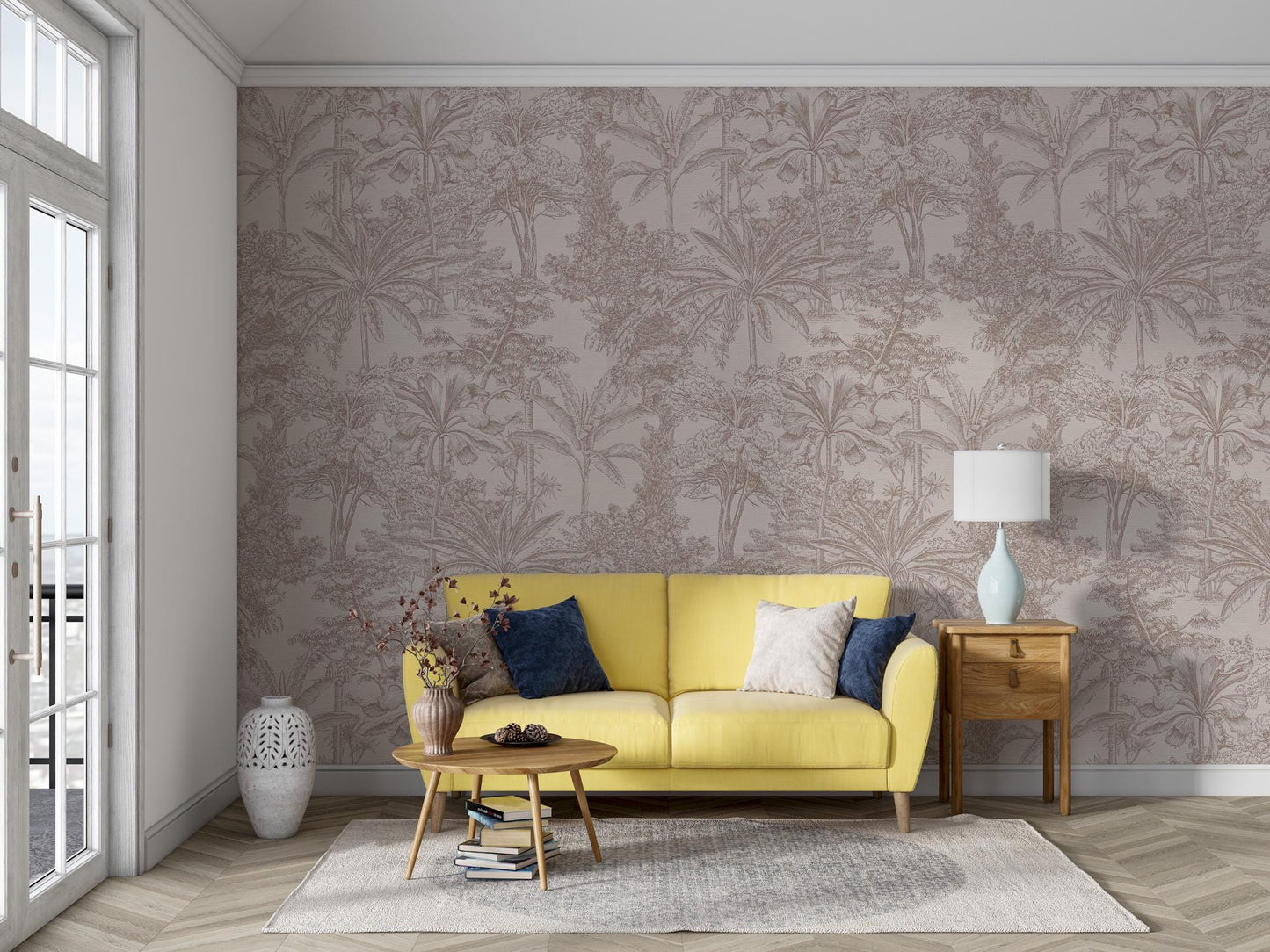 Tropical Pattern Wallpaper in Linear Beige Tone, Peel and Stick Wallpaper, Stylish Room Design, Tropical Wallpaper, Palm Trees Mural