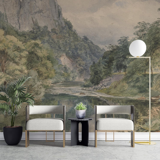 River and Forest Landscape Wallpaper, Mountain Tual Wallpaper, Nature Mural, Painting Wallpaper, Peel and Stick Wallpaper, Green Wallpaper
