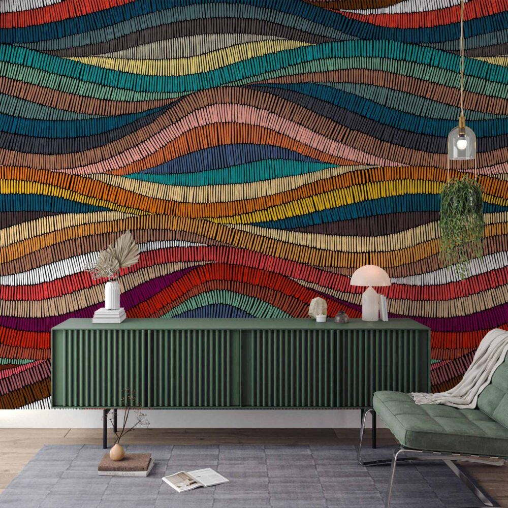 Traditional Colorful Waves Wallpaper, Vibrant Colored Wall Mural, Peel and Stick Wallpaper, Stylish Room Design, Geometric Pattern Wallpaper