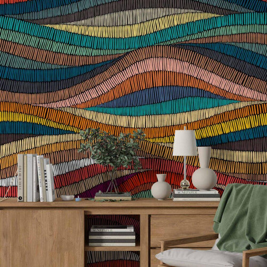 Traditional Colorful Waves Wallpaper, Vibrant Colored Wall Mural, Peel and Stick Wallpaper, Stylish Room Design, Geometric Pattern Wallpaper