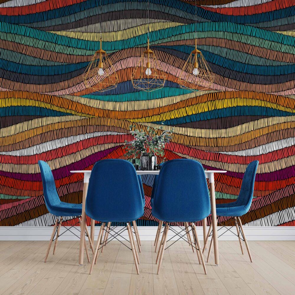 Traditional Colorful Waves Wallpaper, Vibrant Colored Wall Mural, Peel and Stick Wallpaper, Stylish Room Design, Geometric Pattern Wallpaper